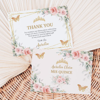 Carte De Remerciements Couronne Fleurie Rose Pâle Papillon Quinceañera en