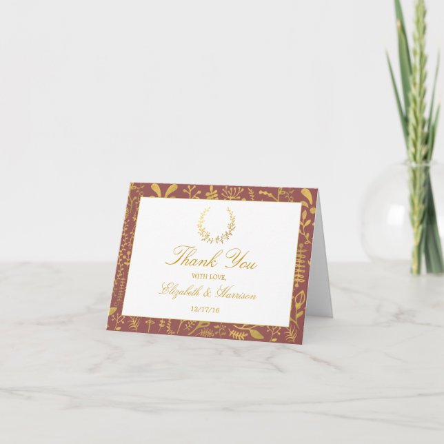 Carte De Remerciements Couronne florale élégante en or Mariage Remercieme (Devant)