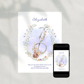 Carte De Remerciements Couronne florale violette Stéthoscope Reconnaissan