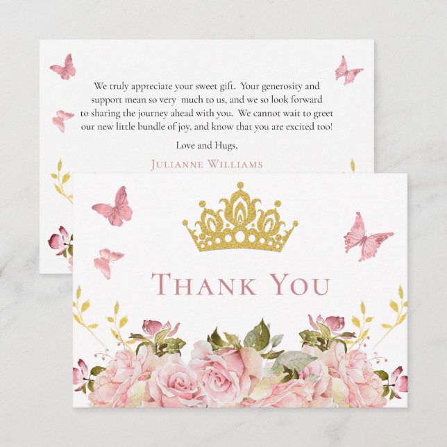 Carte De Remerciements Couronne | Papillons Floral Princess Baby shower (Devant / Derrière)