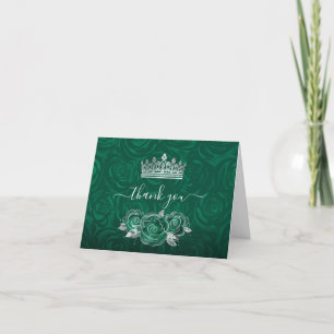 Carte De Remerciements Couronne Pliée Aquarelle Rose Vert Élégant Argent