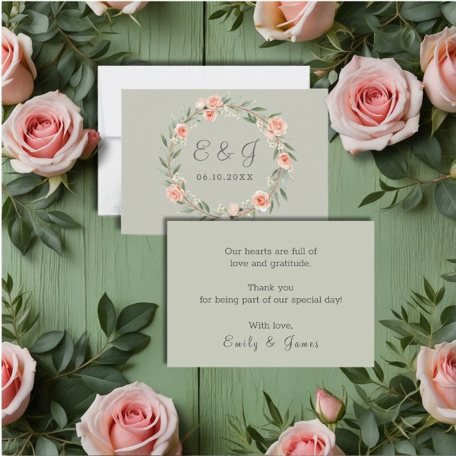 Carte De Remerciements Couronne rose verte et romantique (Créateur téléchargé)