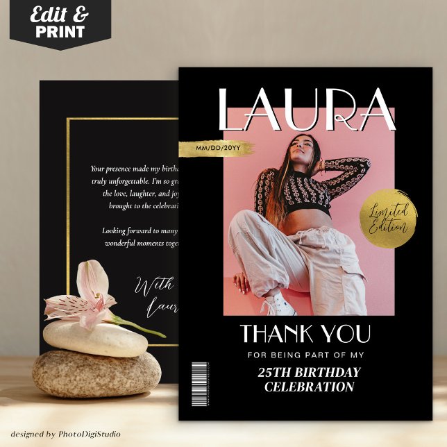Carte De Remerciements Couverture du magazine personnalisé d'anniversaire (Modern Birthday Custom Magazine Cover Thank You Card)