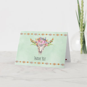 Carte De Remerciements Crâne de vache tribal bohème Fleurs élégantes Merc