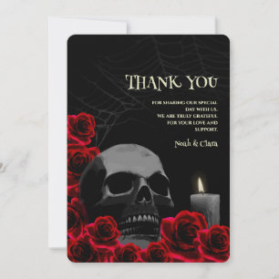 Carte De Remerciements Crâne gothique et Roses rouges Mariage d'Halloween