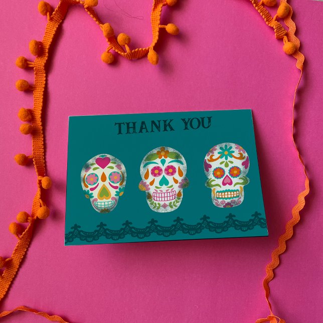 Carte De Remerciements Crânes à sucre et dentelle sur Turquoise personnal (Créateur téléchargé)