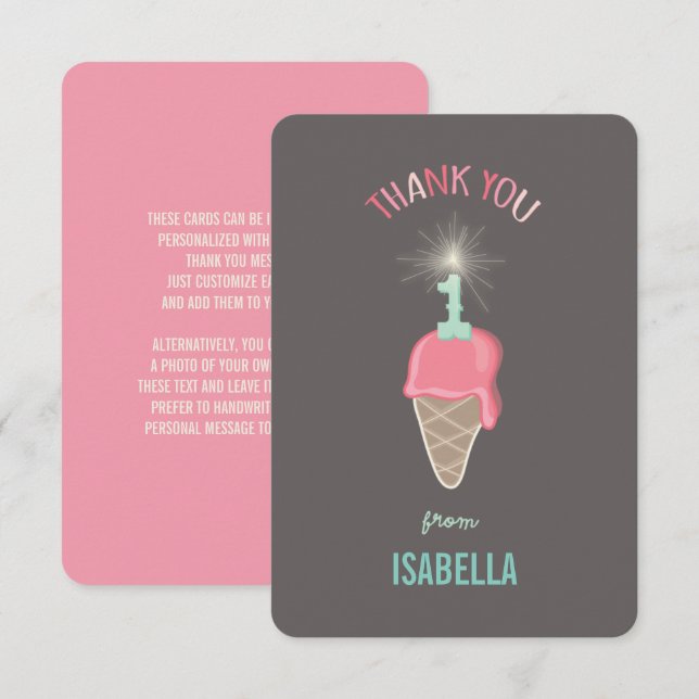 Carte De Remerciements Crème glacée fraise Sparkler 1er anniversaire de l (Devant / Derrière)