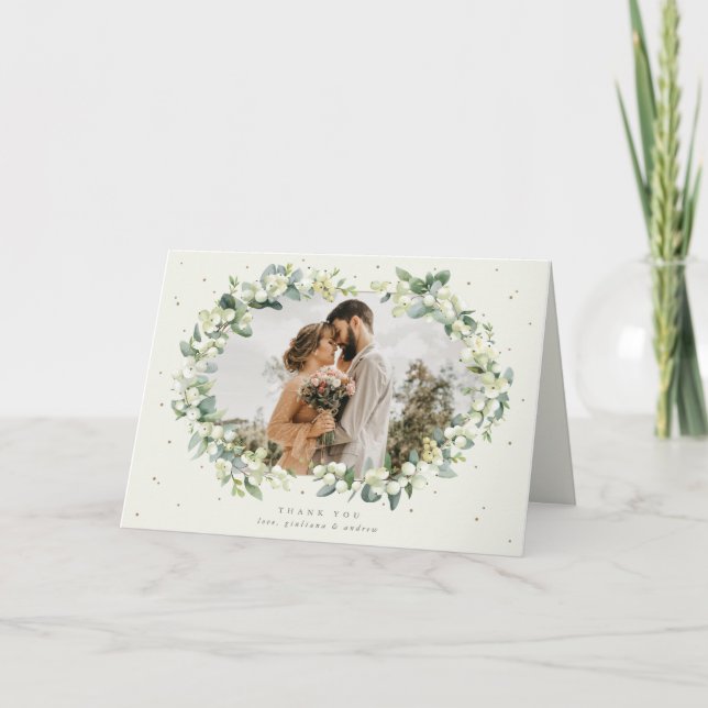 Carte De Remerciements Crème Snowberry+Eucalyptus Photo Mariage (Devant)