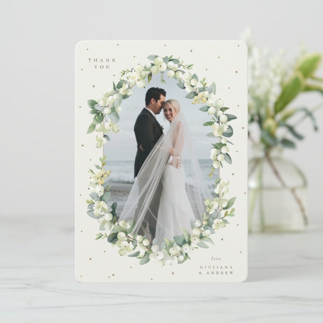 Carte De Remerciements Crème Snowberry+Eucalyptus Photo Mariage (Debout devant)