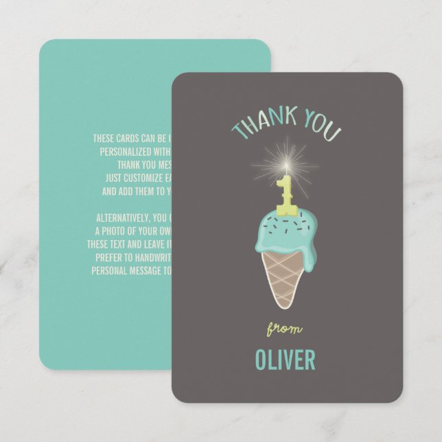 Carte De Remerciements Crème verte à la menthe Sparkler Boy 1er anniversa (Devant / Derrière)