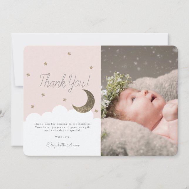 Carte De Remerciements Crescent Moon & Stars Rose Girl Photo Baptême (Devant)