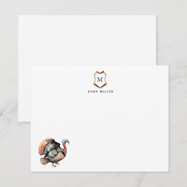 Carte De Remerciements Crête avec oiseau de Turquie monogrammé (Devant / Derrière)