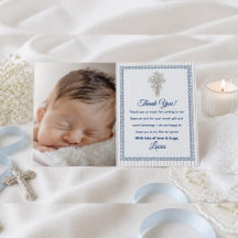 Croix argentée Baptême avec dentelle rayée bleue