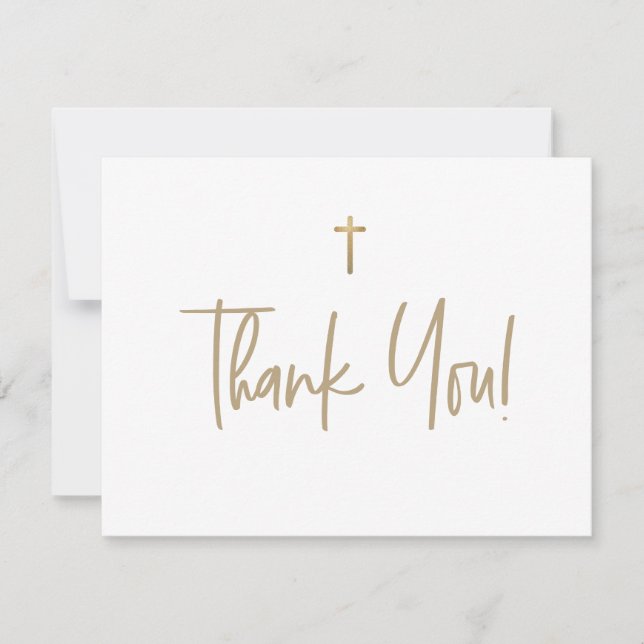 Carte De Remerciements Croix blanche et or Nom du garçon Première communi (Devant)