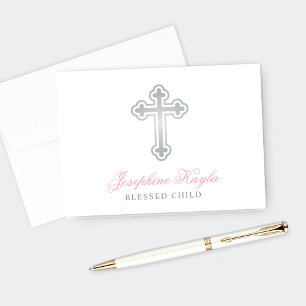 Carte De Remerciements Croix d'argent Baby Girl Baptême rose Personnalisé