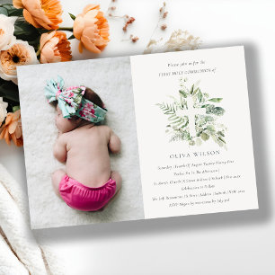 Carte De Remerciements Croix de Foliage Première Sainte Communion Invitat