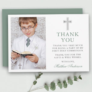 Carte De Remerciements Croix de première communion sainte Vert Sauge Phot