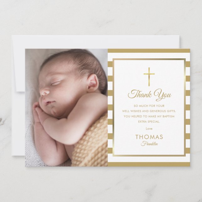 Carte De Remerciements Croix d'or Baptême rayé Christening Photo (Devant)
