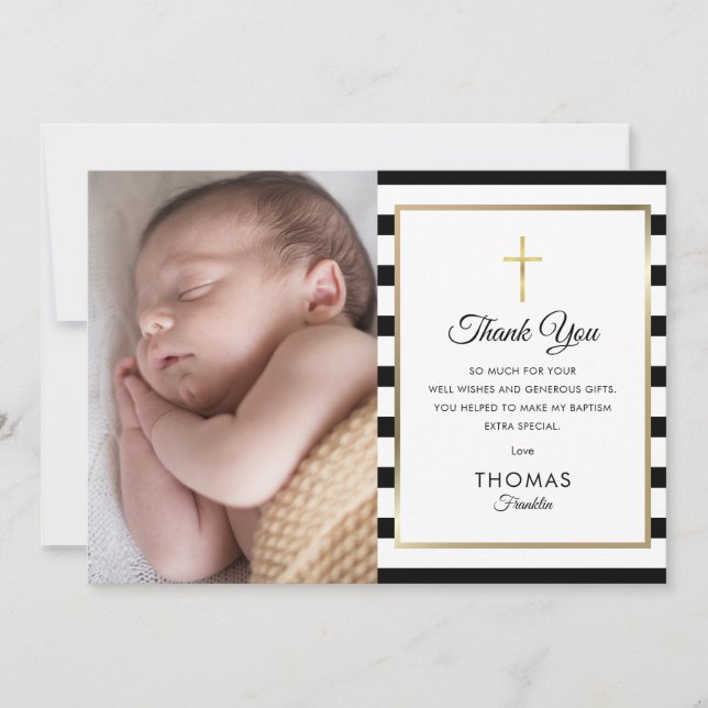 Carte De Remerciements Croix d'or Baptême rayé Christening Photo (Devant)
