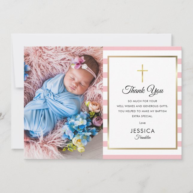 Carte De Remerciements Croix d'or Baptême rose Baptême Christening Photo (Devant)