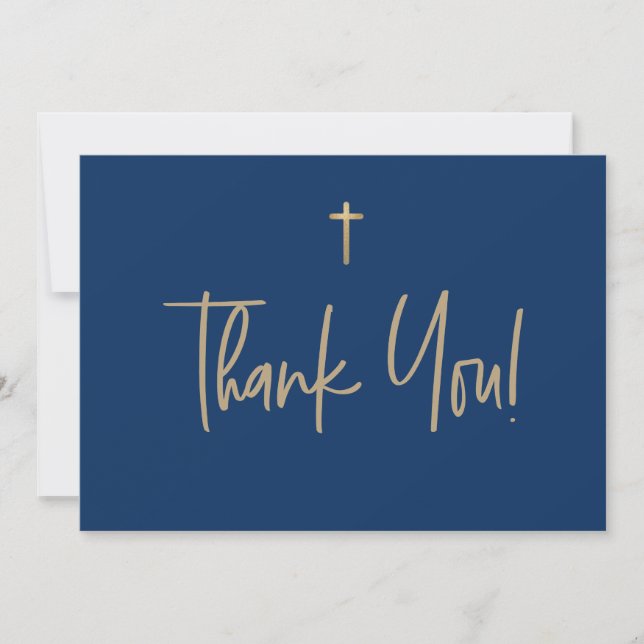 Carte De Remerciements Croix d'or bleu Nom du garçon Première communion (Devant)