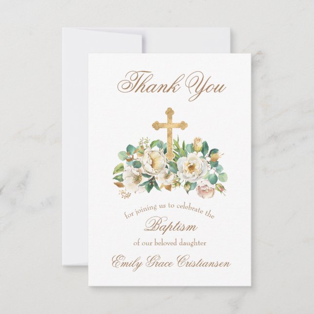 Carte De Remerciements Croix d'or et baptême blanc floral (Devant)