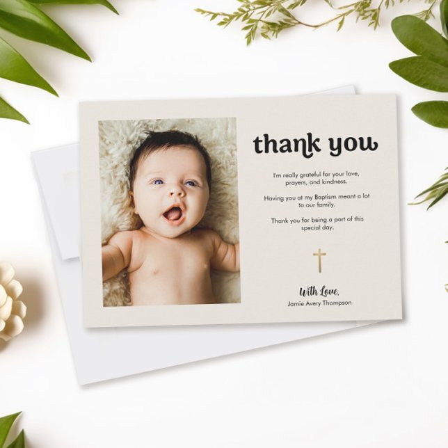 Carte De Remerciements Croix d'or moderne Crème bébé photo Baptême (Stylish, minimalist, trendy, gold cross, photo, baptism thank you card.)