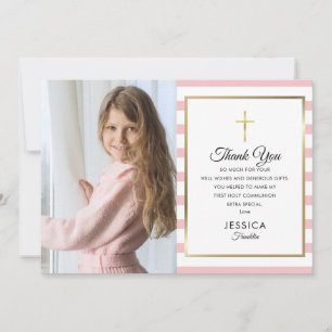 Carte De Remerciements Croix d'or Pink Stripe première Sainte Communion P
