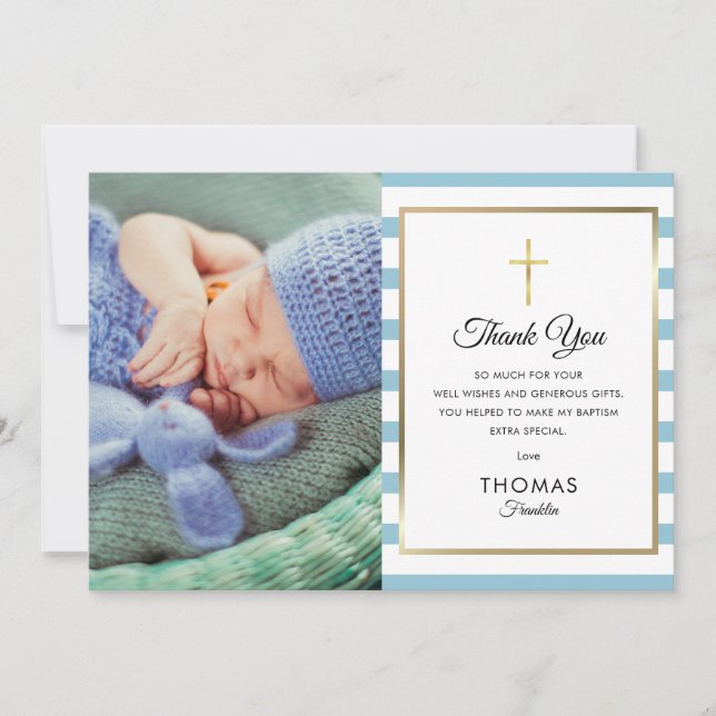 Carte De Remerciements Croix d'or rayée bleue Baptême Christening Photo (Devant)