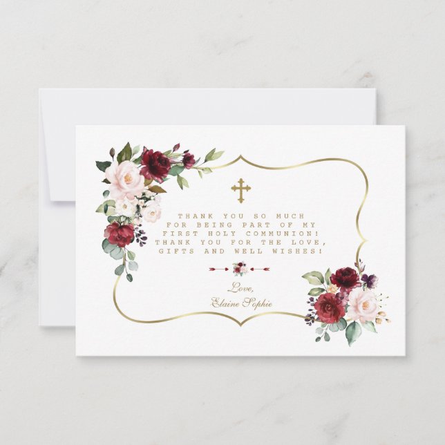 Carte De Remerciements Croix d'or rose Bourgogne Florale Croix de Sainte  (Devant)