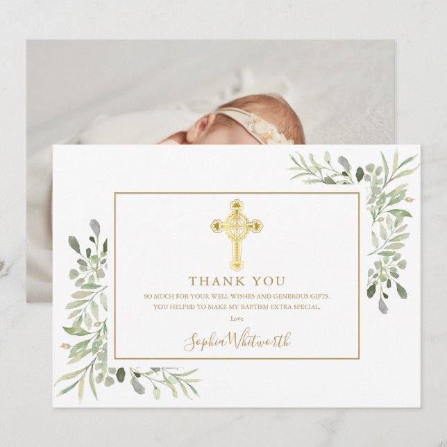Carte De Remerciements Croix d'or vert Baptême Christening Photo (Devant / Derrière)