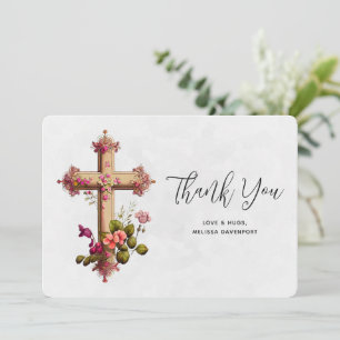 Carte De Remerciements Croix élégante aux fleurs roses