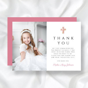 Carte De Remerciements Croix florale rose mignonne Photo Girl First Commu