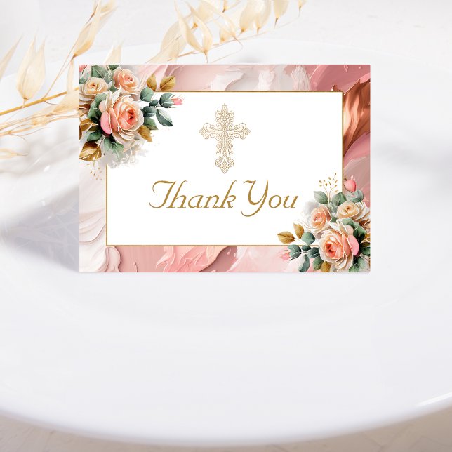 Carte De Remerciements Croix Ornate Or Peach rose Floral Girl Baptême (Créateur téléchargé)