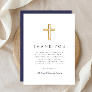 Carte De Remerciements Croix religieuse bleu marine élégante Première com