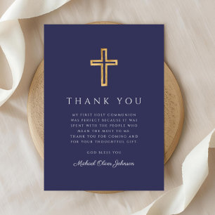 Carte De Remerciements Croix religieuse bleu marine élégante Première com