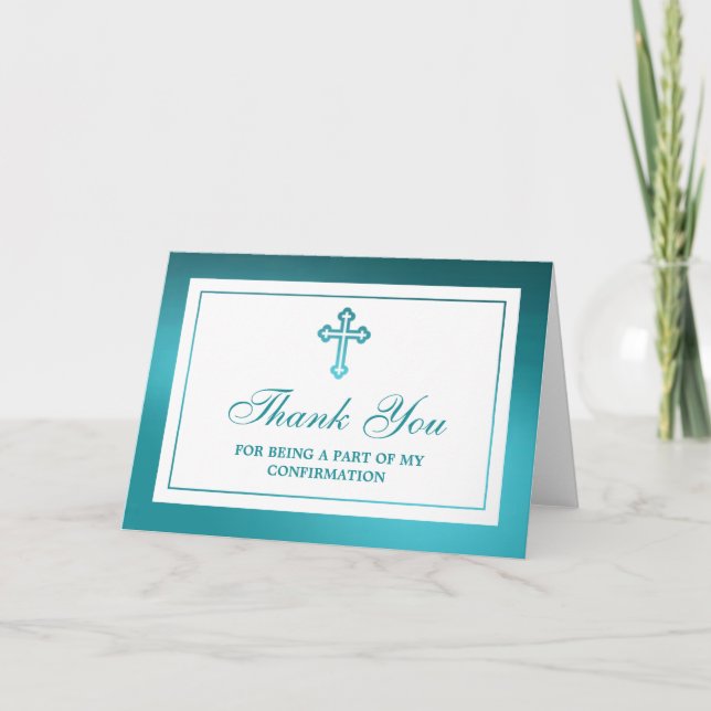 Carte De Remerciements Croix Turquoise Métallique Communion Ou Confirmati (Devant)