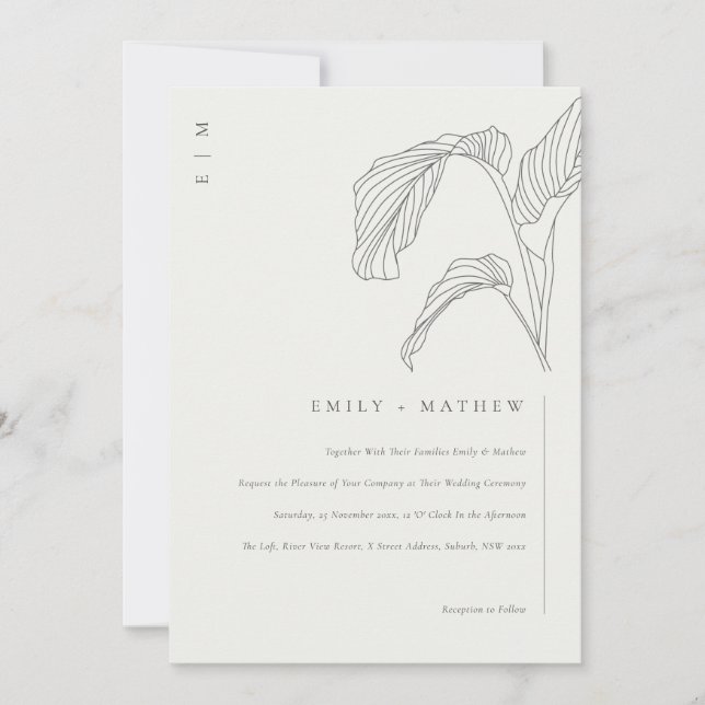 Carte De Remerciements Croquis de palme feuillu Noir Blanc Mariage Invita (Devant)