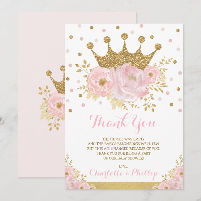 Carte De Remerciements Crown Princess Baby shower Royal Blush Gold Floral (Devant / Derrière)