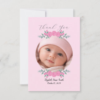 Carte De Remerciements Custom Name Photo, Pink Roses Baby Thank you Card 