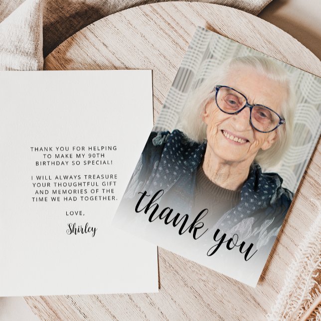 Carte De Remerciements Custom Photo 90th Birthday Party Black Script (Créateur téléchargé)