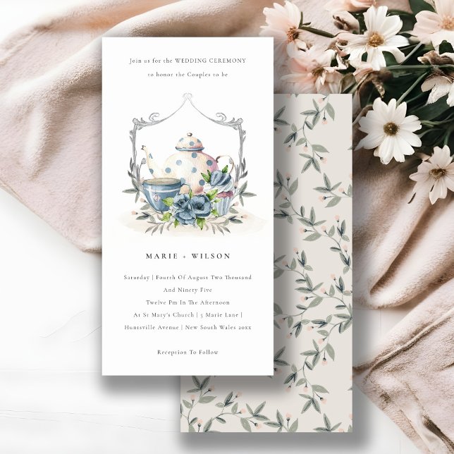 Carte De Remerciements Cute Aqua Blue Floral Teapot Cup Mariage Invitatio (Créateur téléchargé)