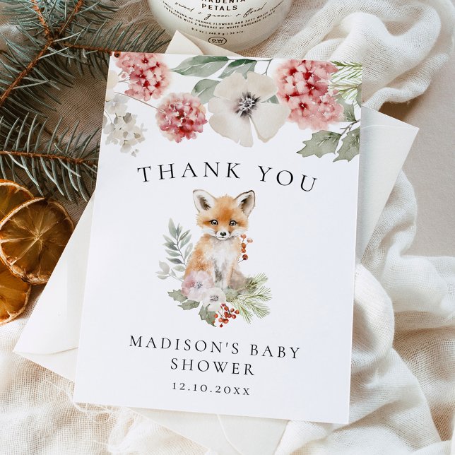 Carte De Remerciements Cute aquarelle Fox Baby shower d'hiver (Créateur téléchargé)