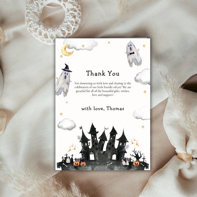 Carte De Remerciements Cute aquarelle Petit Boo Ghost House Baby shower (Cute Watercolor Little Boo Ghost House Baby Shower Thank You Card)