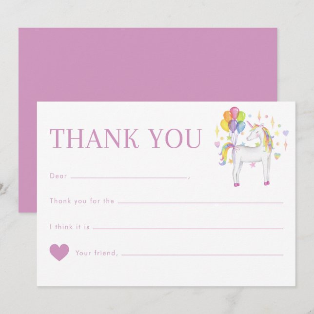 Carte De Remerciements Cute aquarelle Rainbow Unicorn Anniversaire (Devant / Derrière)