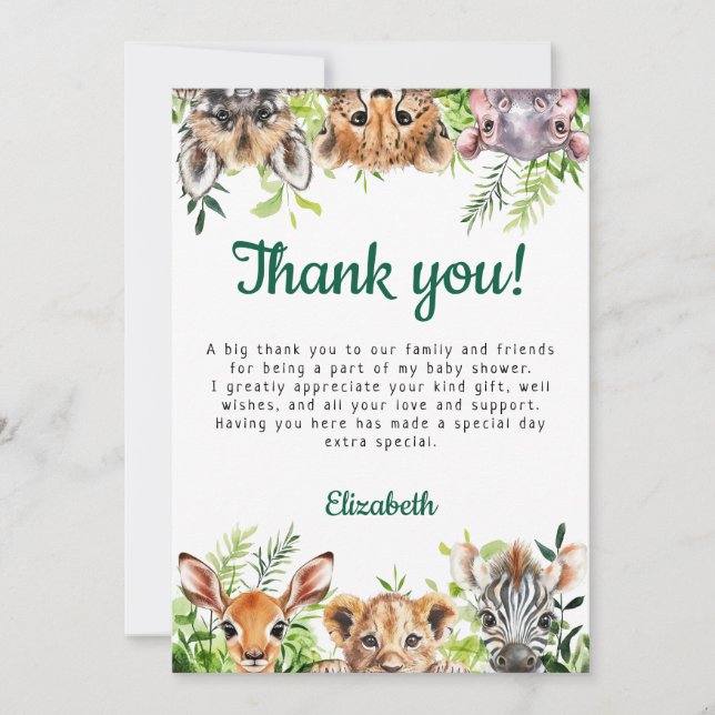 Carte De Remerciements Cute Aquarelle Safari Animaux Baby shower (Devant)