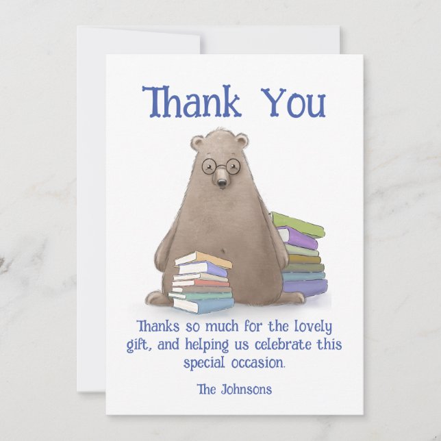 Carte De Remerciements Cute Bear avec livres Anniversaire, Personnalisabl (Devant)