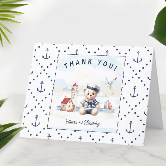 Carte De Remerciements Cute Bear Saior Nautical Blue 1er Birthday Boy (Cute Bear Saior Nautical Blue 1st Birthday Boy Thank You Card)