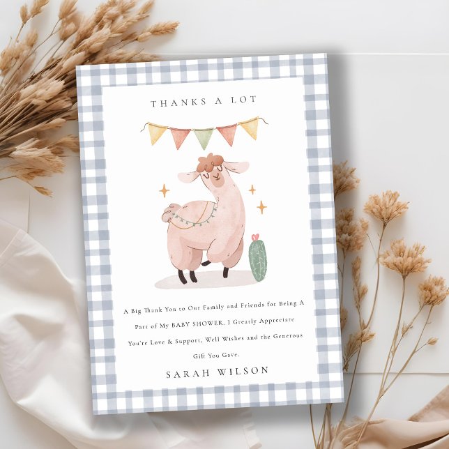 Carte De Remerciements Cute bleu Plaid Cactus Boho Llama Baby shower (Créateur téléchargé)