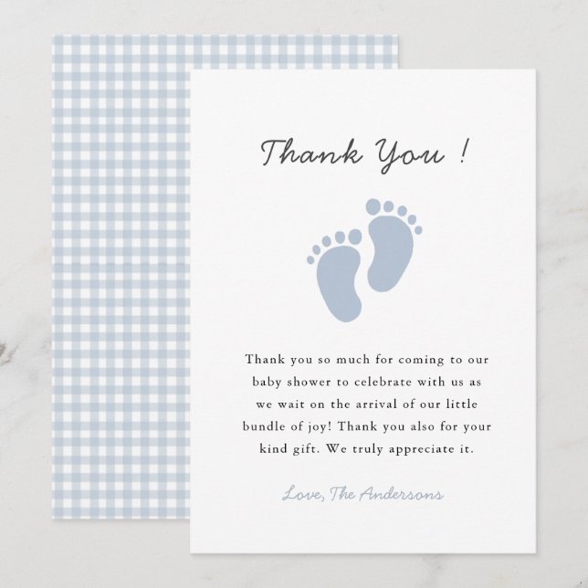 Carte De Remerciements Cute Blue Baby footprint  Baby Boy shower (Devant / Derrière)